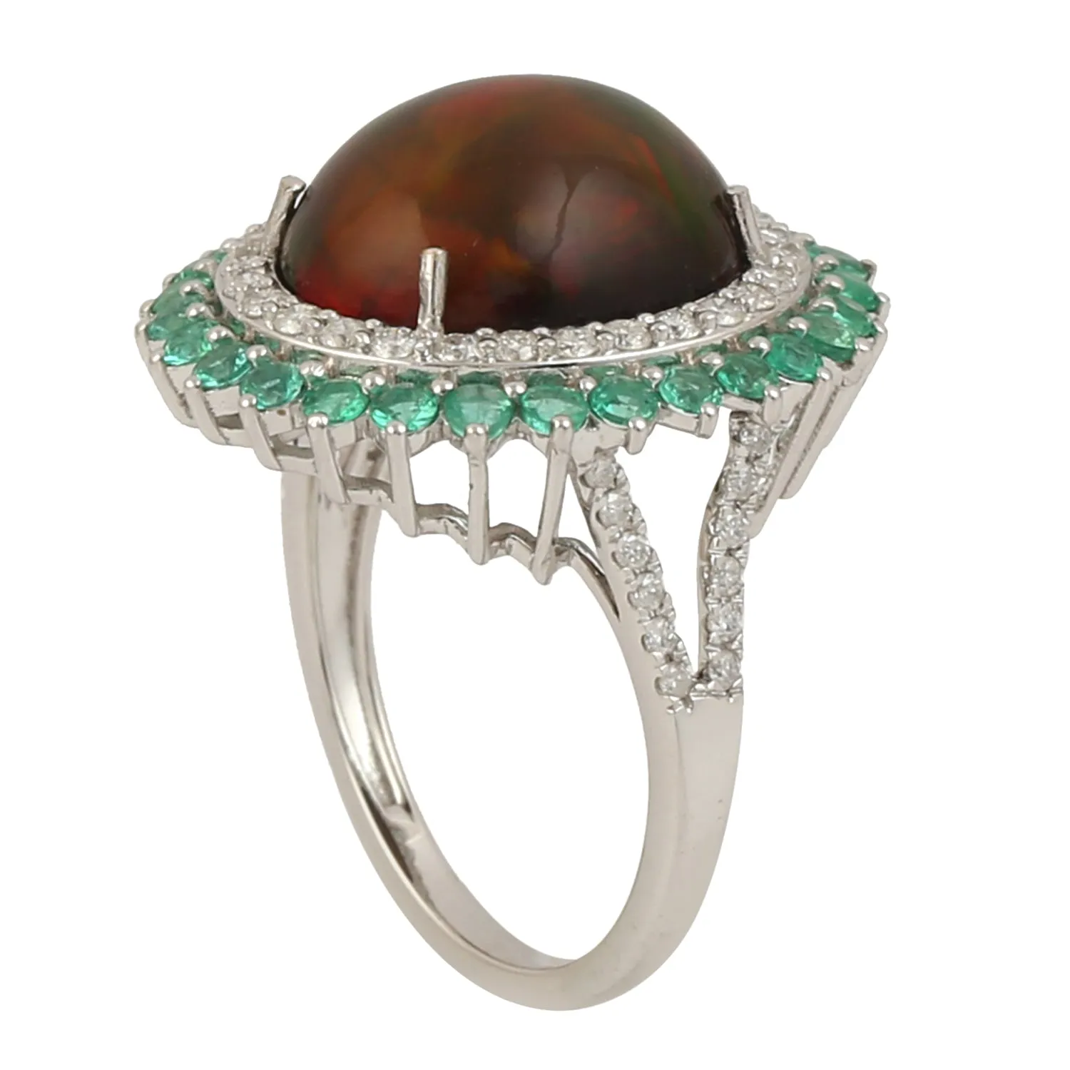 Oval Cut Opal Ethiopian Prong Emerald & Diamond Wedding Ring In White Gold For Her