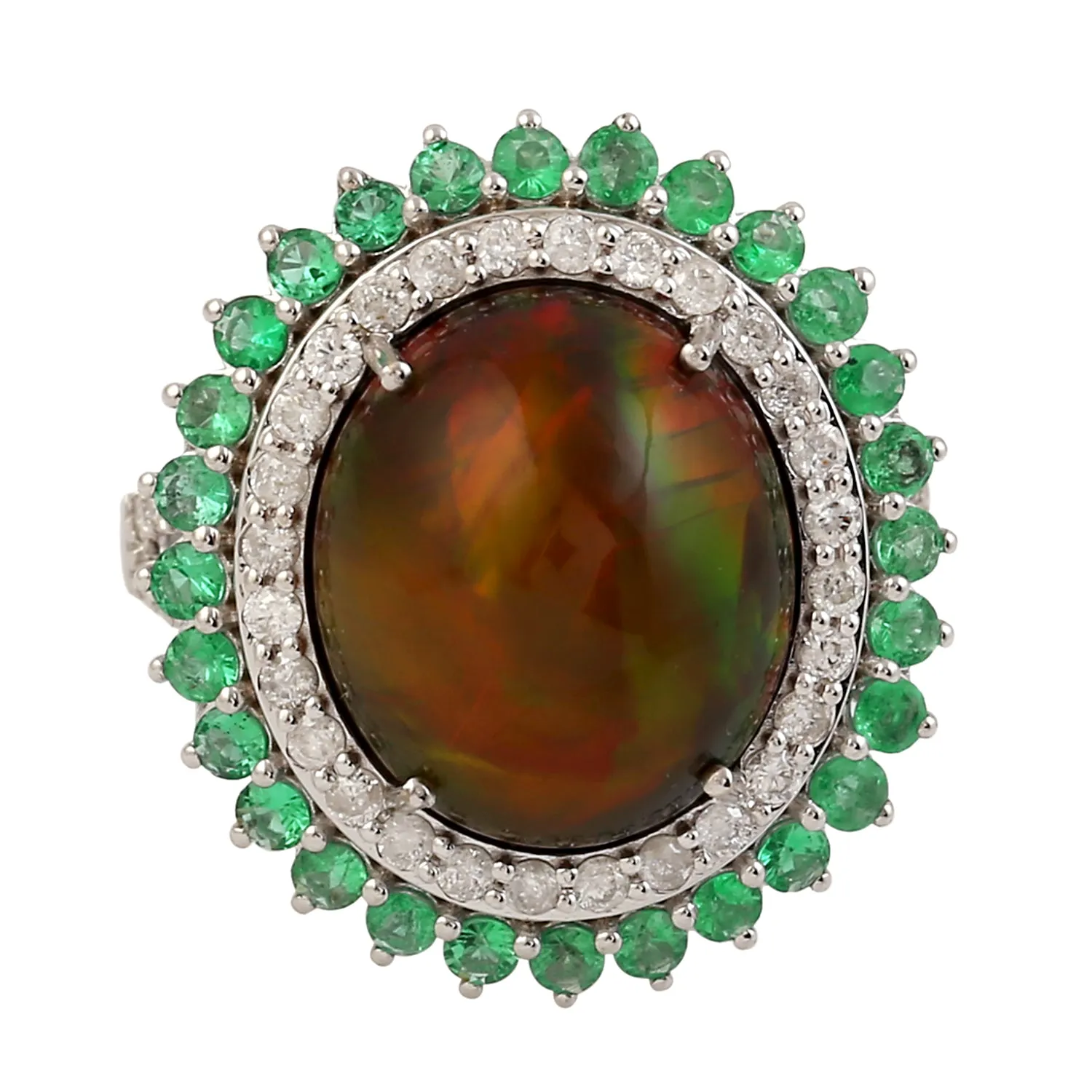 Oval Cut Opal Ethiopian Prong Emerald & Diamond Wedding Ring In White Gold For Her