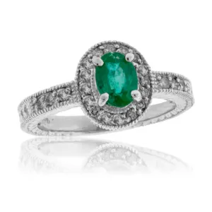 Oval Green Emerald & Diamond Halo Style Ring