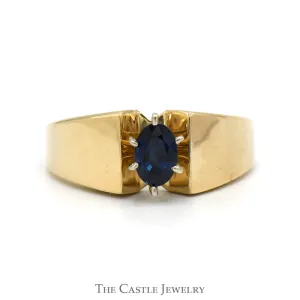 Oval Sapphire Solitaire Ring with Wide Polished Band in 14k Yellow Gold