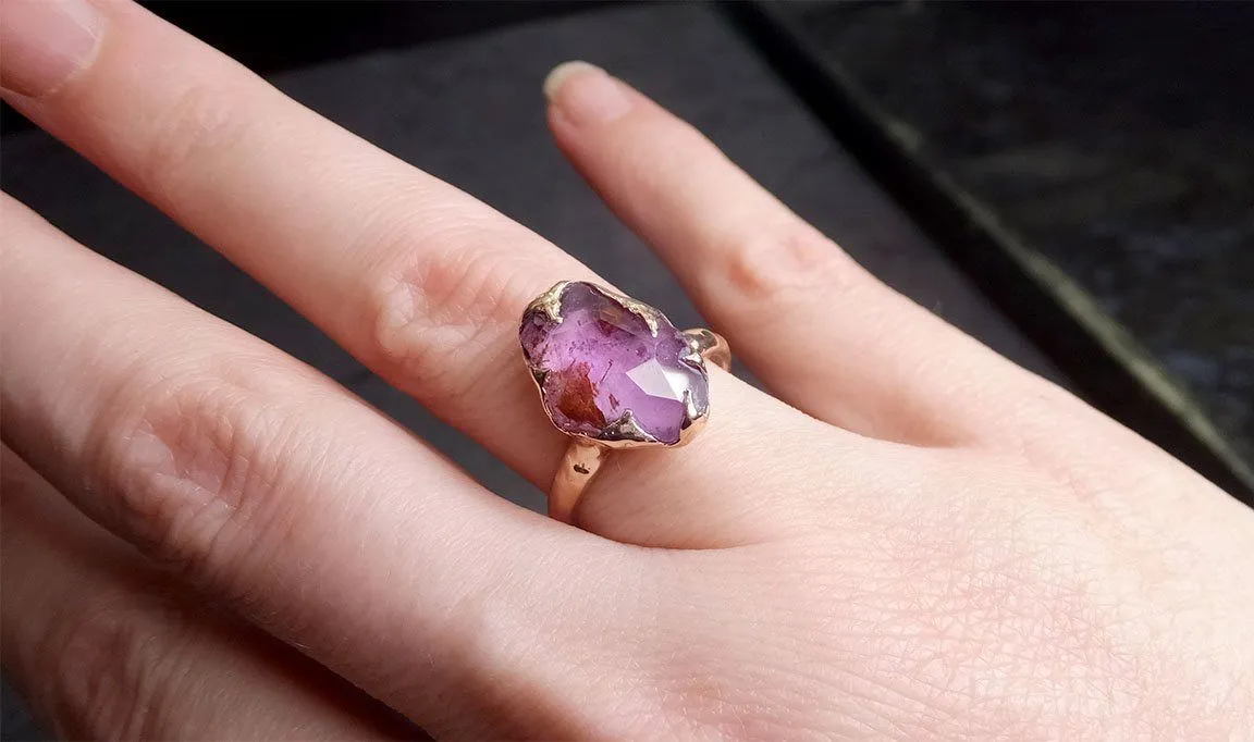 Partially Faceted Sapphire 14k rose Gold Cocktail Ring Custom One Of a Kind Gemstone Ring Solitaire 1996