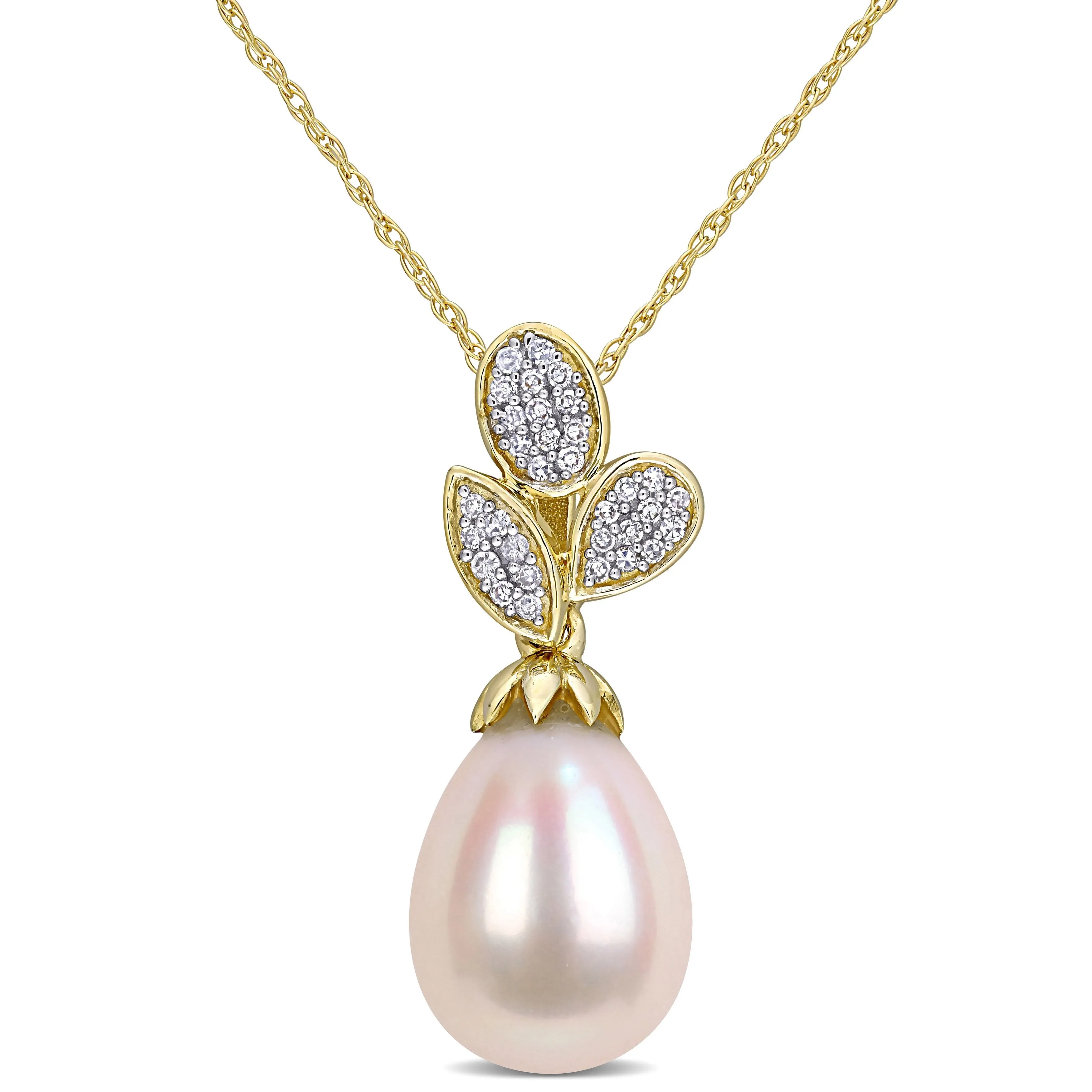 Pearl And Diamond Leaf Drop Pendant