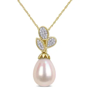 Pearl And Diamond Leaf Drop Pendant
