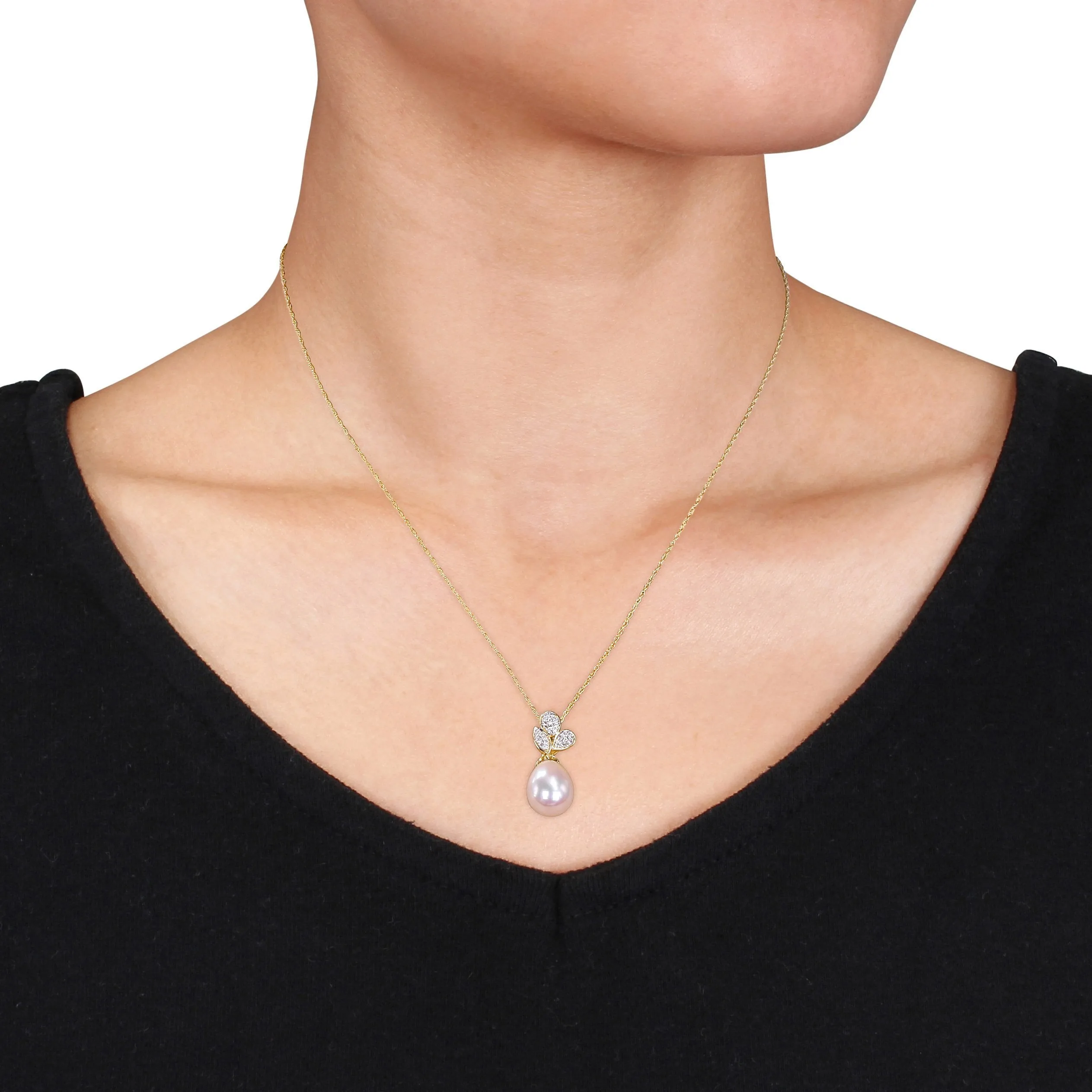 Pearl And Diamond Leaf Drop Pendant