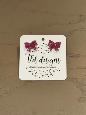 Pink Glitter Game Day Bow Stud Earrings