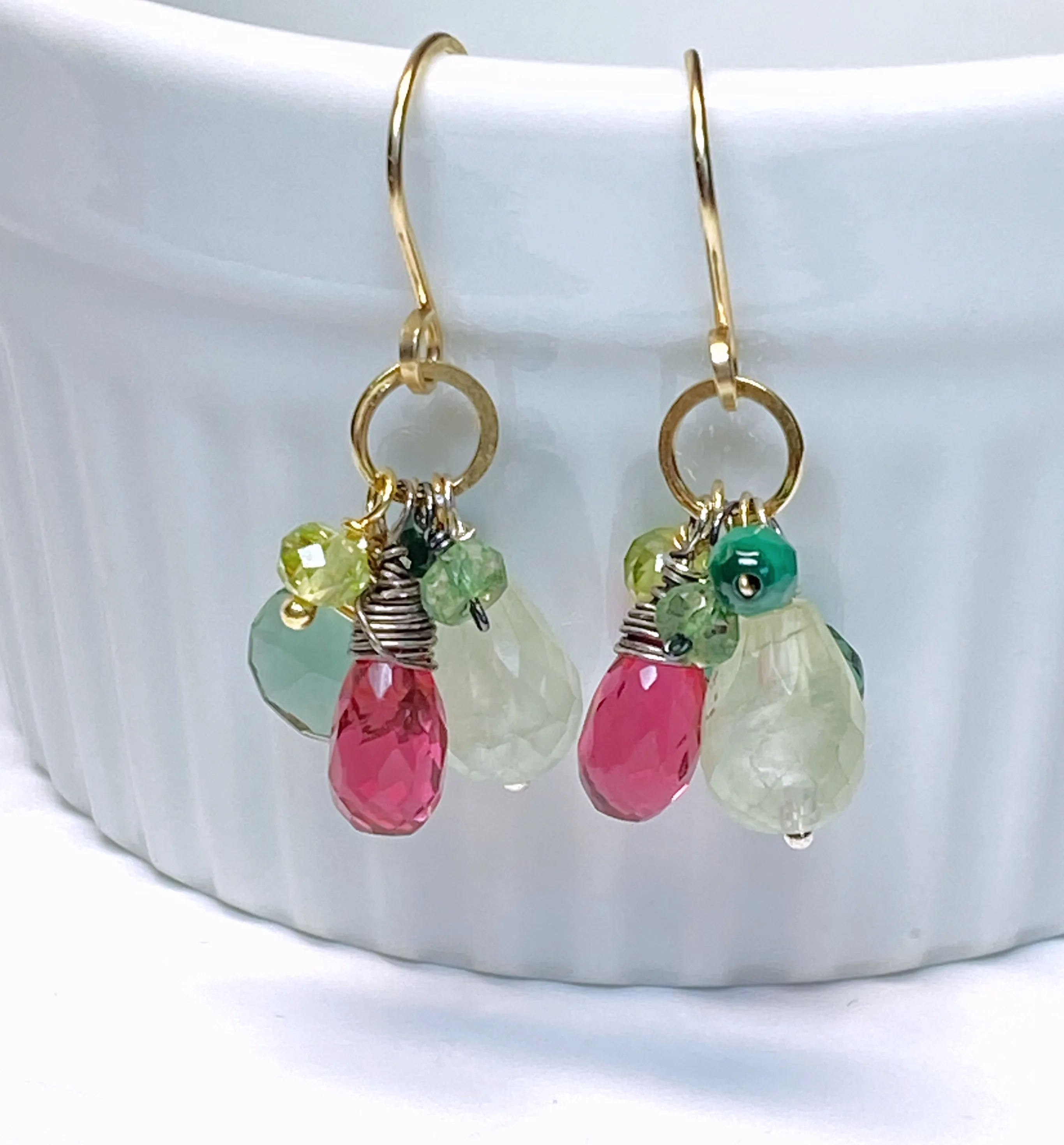 Pink Green Gemstone Dangle Earrings in Gold Fill
