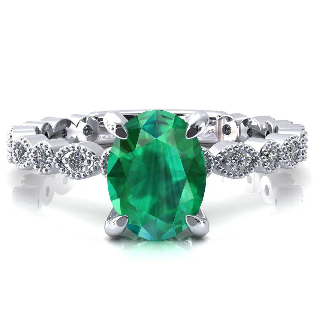 Polaris Oval Emerald 4 Claw Prong Diamond Halo Full Eternity Engagement Ring