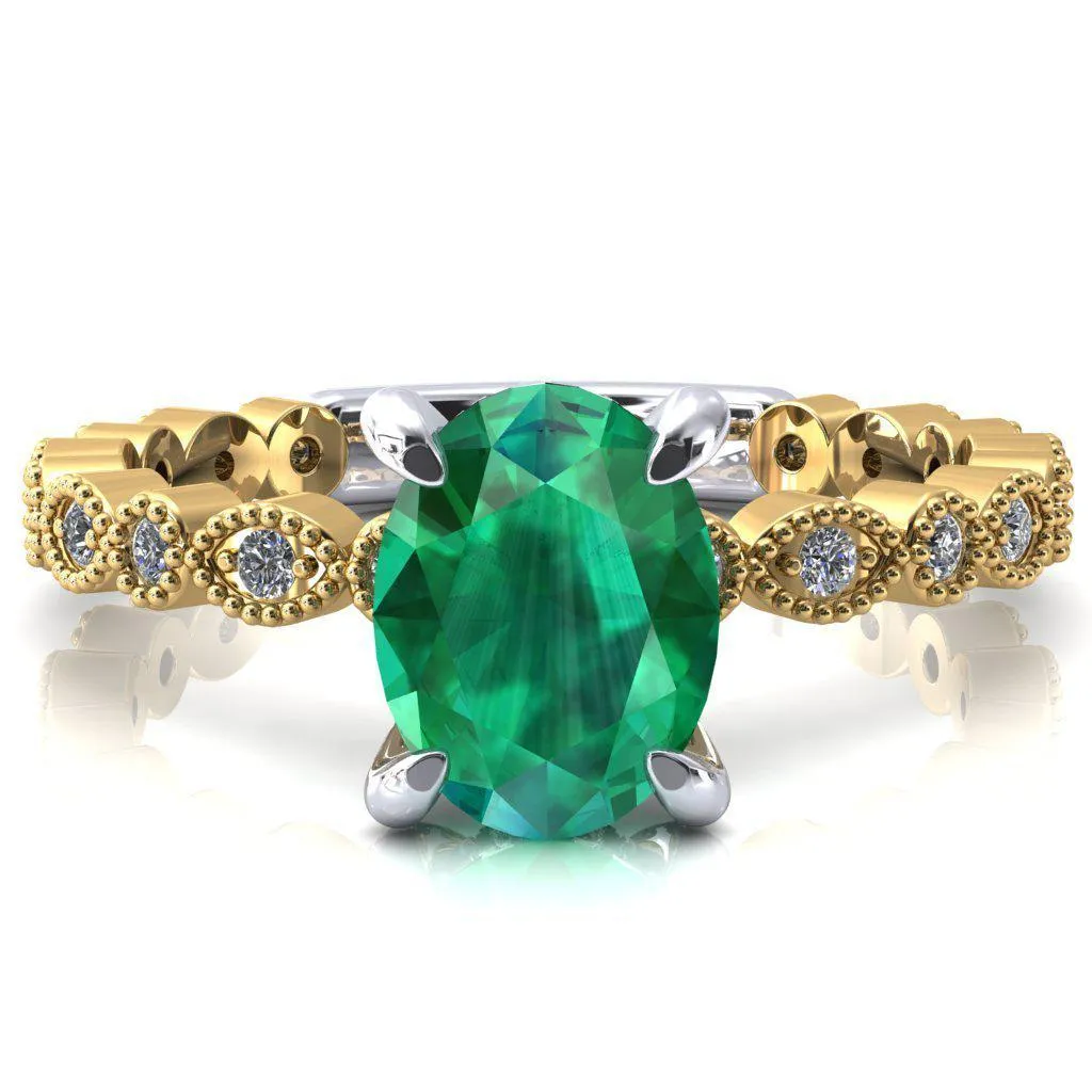 Polaris Oval Emerald 4 Claw Prong Diamond Halo Full Eternity Engagement Ring
