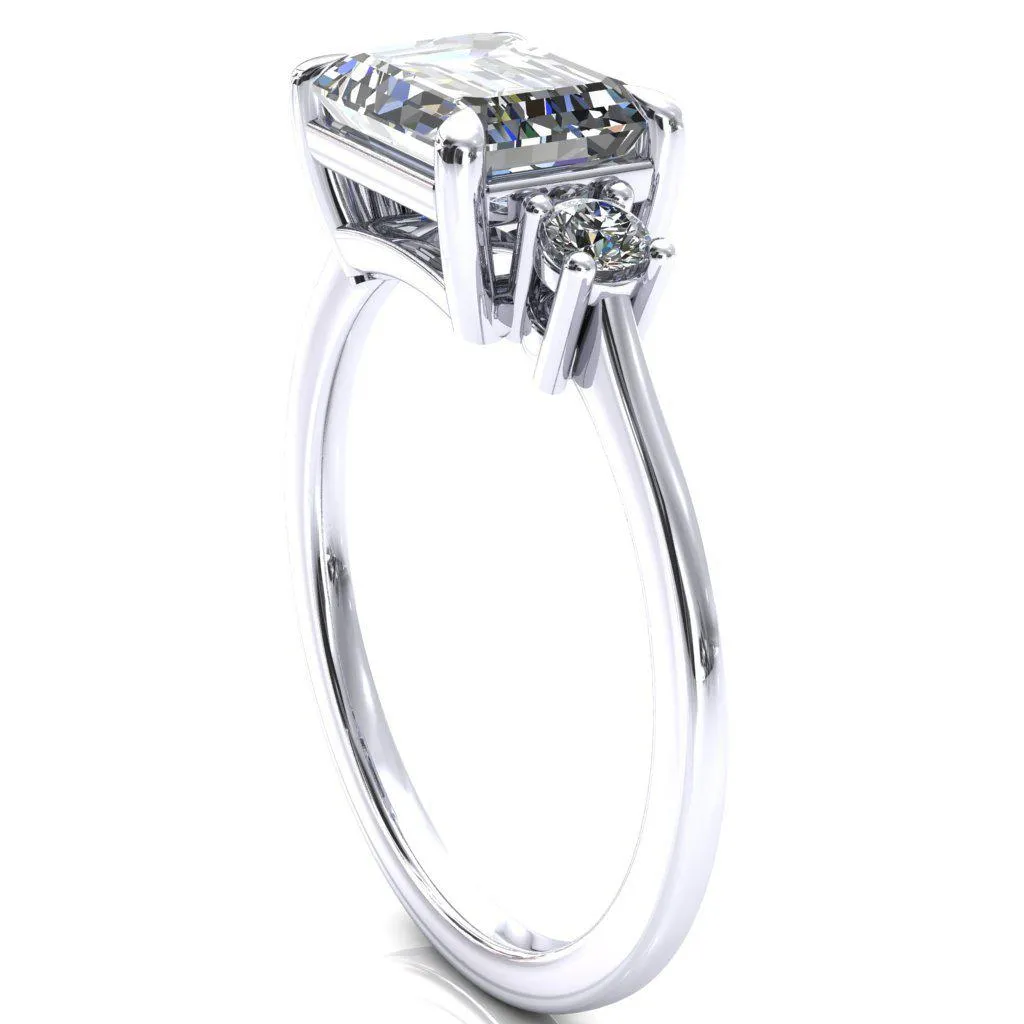 Poppy Emerald Moissanite East-West 4 Claw Prong 2 Rail Basket Round Sidestones Inverted Cathedral Engagement Ring