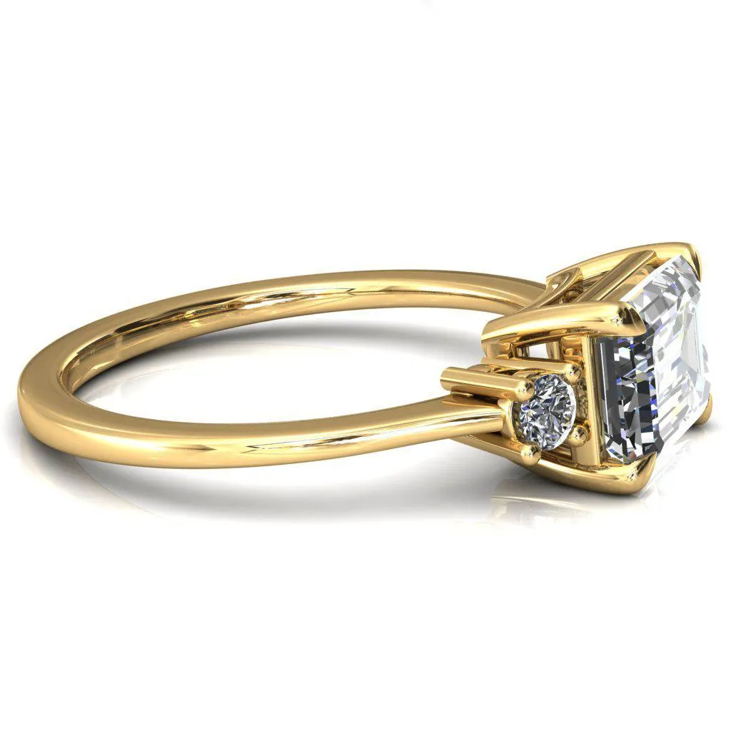 Poppy Emerald Moissanite East-West 4 Claw Prong 2 Rail Basket Round Sidestones Inverted Cathedral Engagement Ring