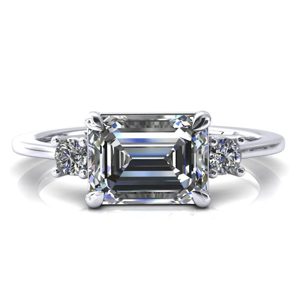 Poppy Emerald Moissanite East-West 4 Claw Prong 2 Rail Basket Round Sidestones Inverted Cathedral Engagement Ring