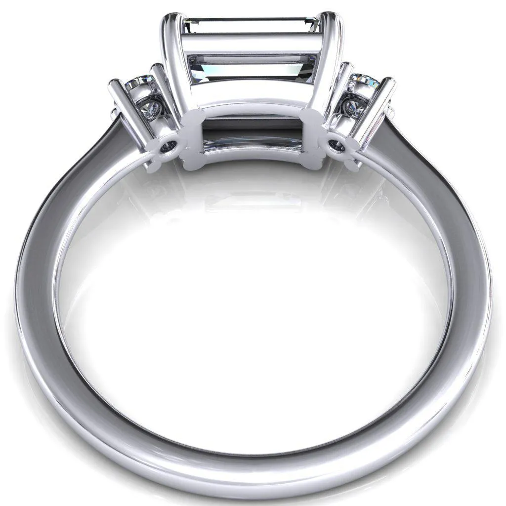 Poppy Emerald Moissanite East-West 4 Claw Prong 2 Rail Basket Round Sidestones Inverted Cathedral Engagement Ring