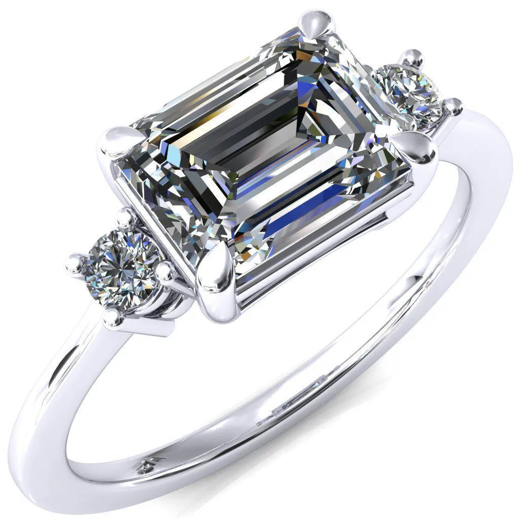 Poppy Emerald Moissanite East-West 4 Claw Prong 2 Rail Basket Round Sidestones Inverted Cathedral Engagement Ring