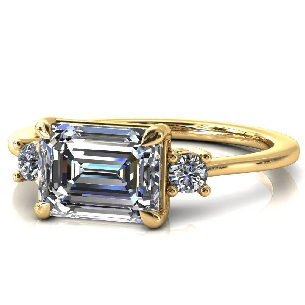 Poppy Emerald Moissanite East-West 4 Claw Prong 2 Rail Basket Round Sidestones Inverted Cathedral Engagement Ring