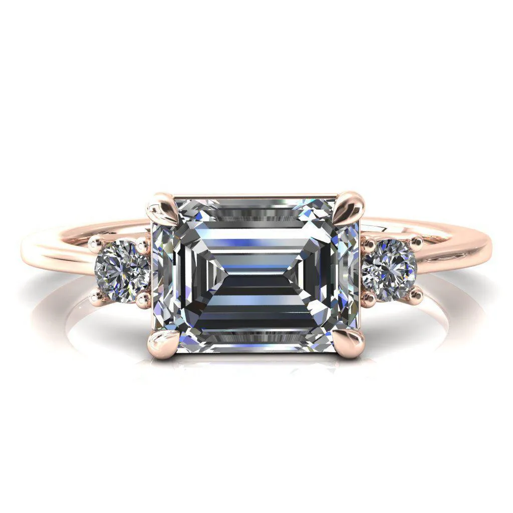 Poppy Emerald Moissanite East-West 4 Claw Prong 2 Rail Basket Round Sidestones Inverted Cathedral Engagement Ring