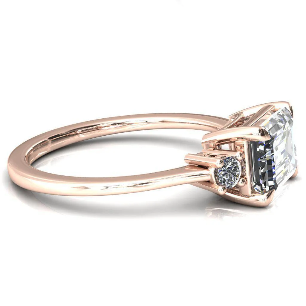 Poppy Emerald Moissanite East-West 4 Claw Prong 2 Rail Basket Round Sidestones Inverted Cathedral Engagement Ring