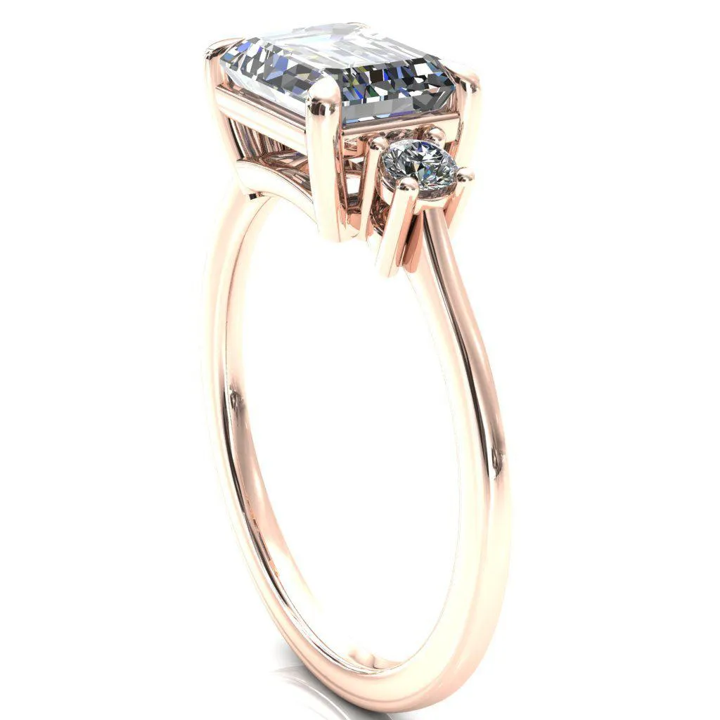 Poppy Emerald Moissanite East-West 4 Claw Prong 2 Rail Basket Round Sidestones Inverted Cathedral Engagement Ring