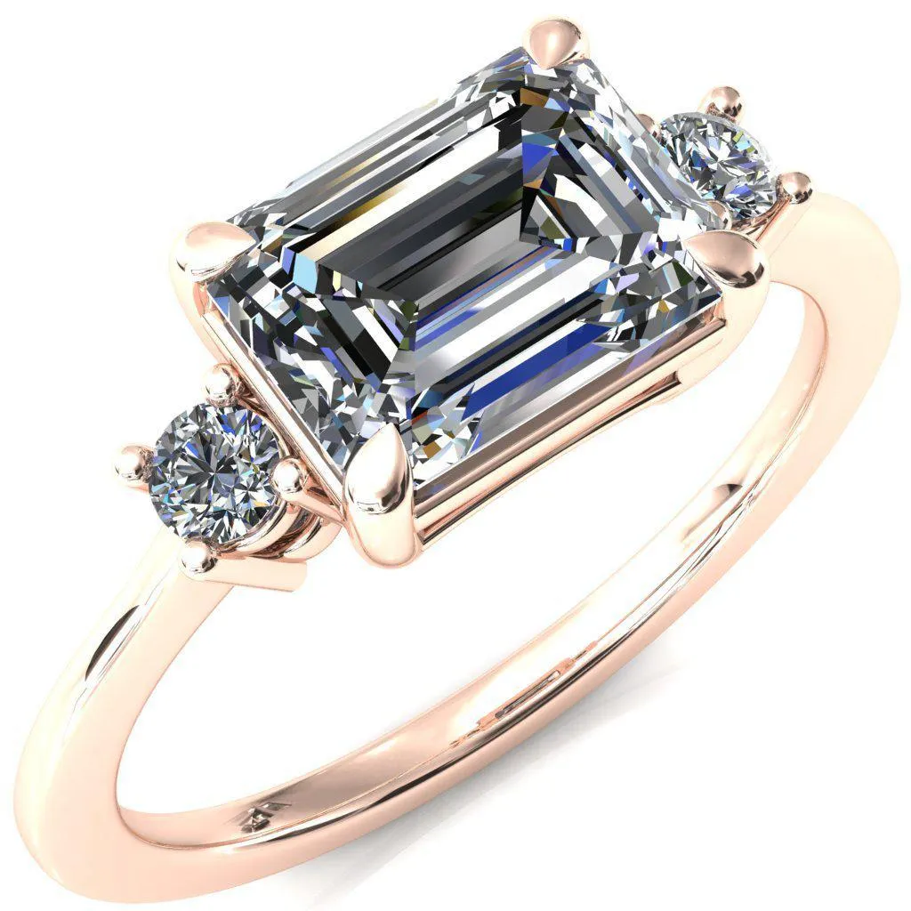Poppy Emerald Moissanite East-West 4 Claw Prong 2 Rail Basket Round Sidestones Inverted Cathedral Engagement Ring