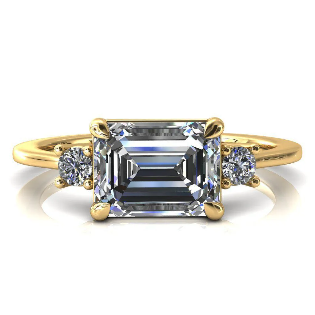Poppy Emerald Moissanite East-West 4 Claw Prong 2 Rail Basket Round Sidestones Inverted Cathedral Engagement Ring