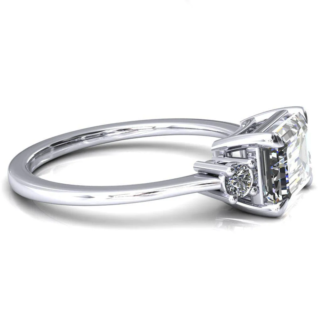 Poppy Emerald Moissanite East-West 4 Claw Prong 2 Rail Basket Round Sidestones Inverted Cathedral Engagement Ring