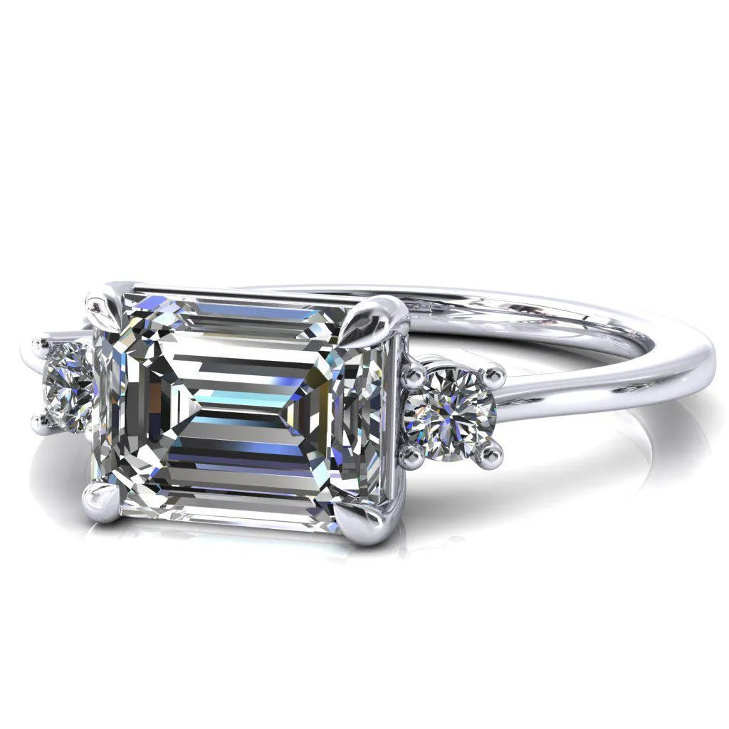 Poppy Emerald Moissanite East-West 4 Claw Prong 2 Rail Basket Round Sidestones Inverted Cathedral Engagement Ring