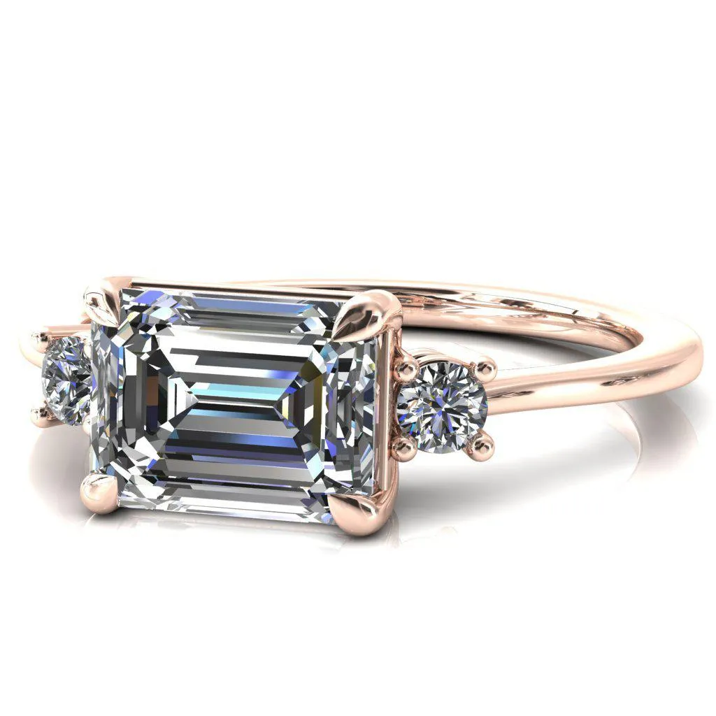 Poppy Emerald Moissanite East-West 4 Claw Prong 2 Rail Basket Round Sidestones Inverted Cathedral Engagement Ring