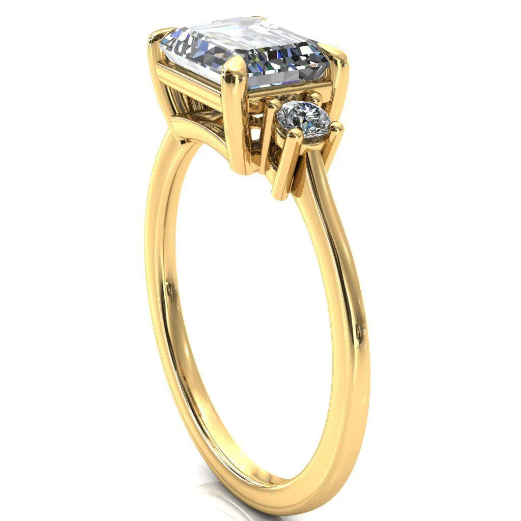 Poppy Emerald Moissanite East-West 4 Claw Prong 2 Rail Basket Round Sidestones Inverted Cathedral Engagement Ring