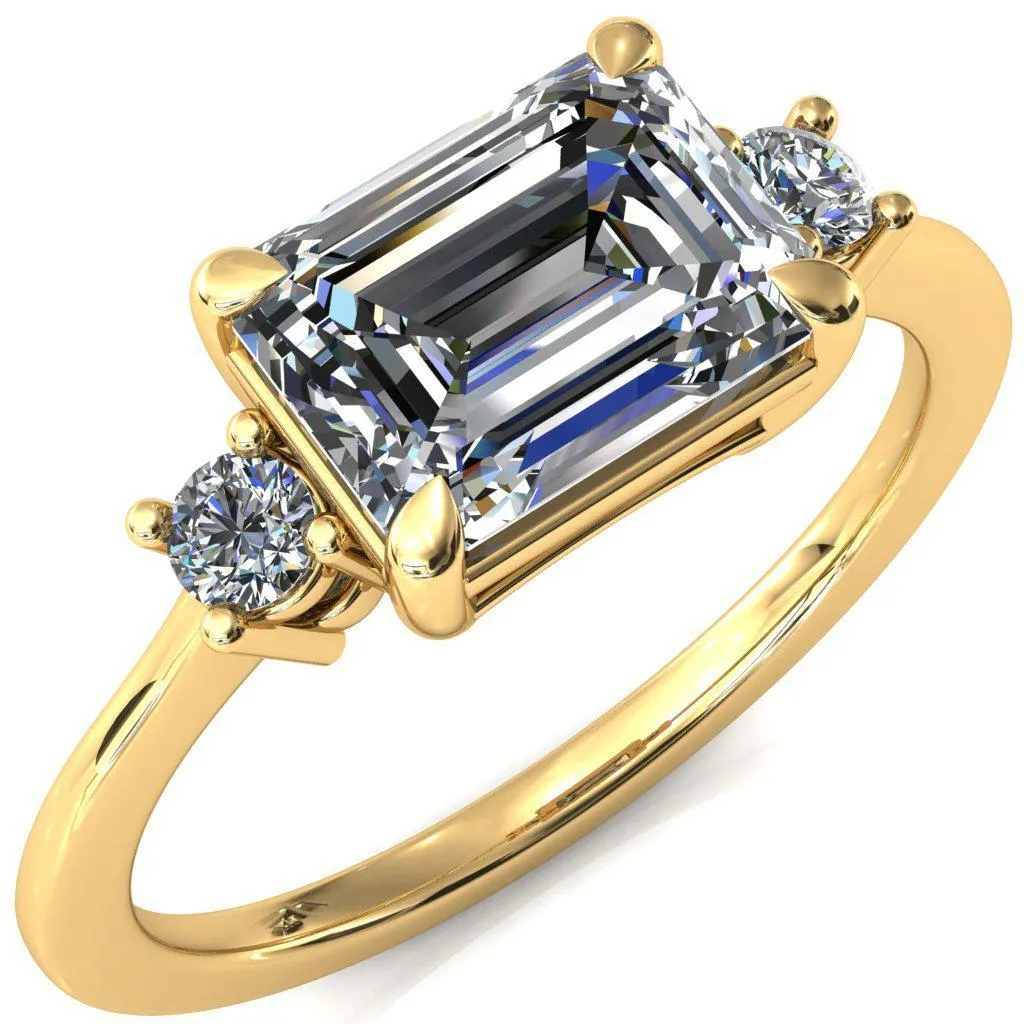 Poppy Emerald Moissanite East-West 4 Claw Prong 2 Rail Basket Round Sidestones Inverted Cathedral Engagement Ring
