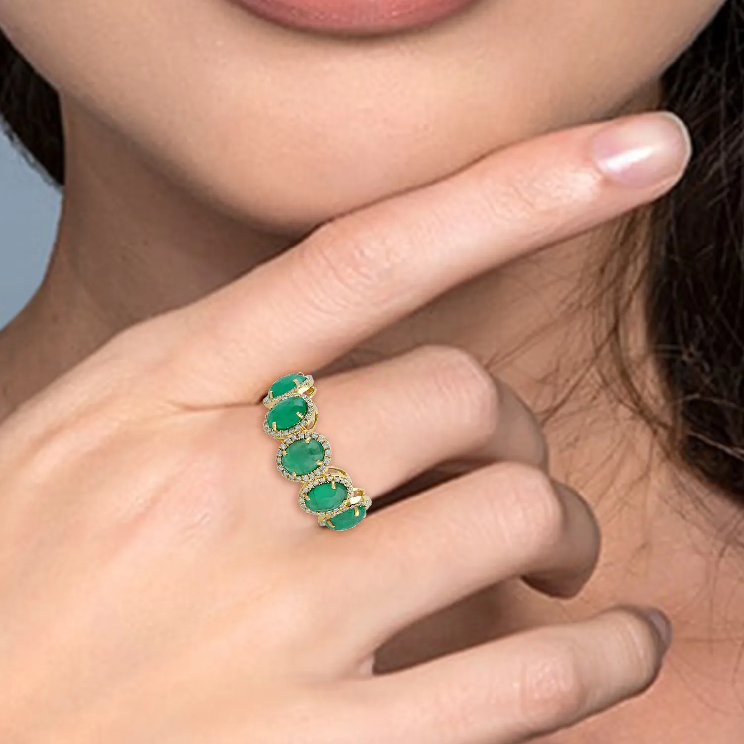 Prong Set Emerald Diamond 18k Yellow Gold Band Ring For Women