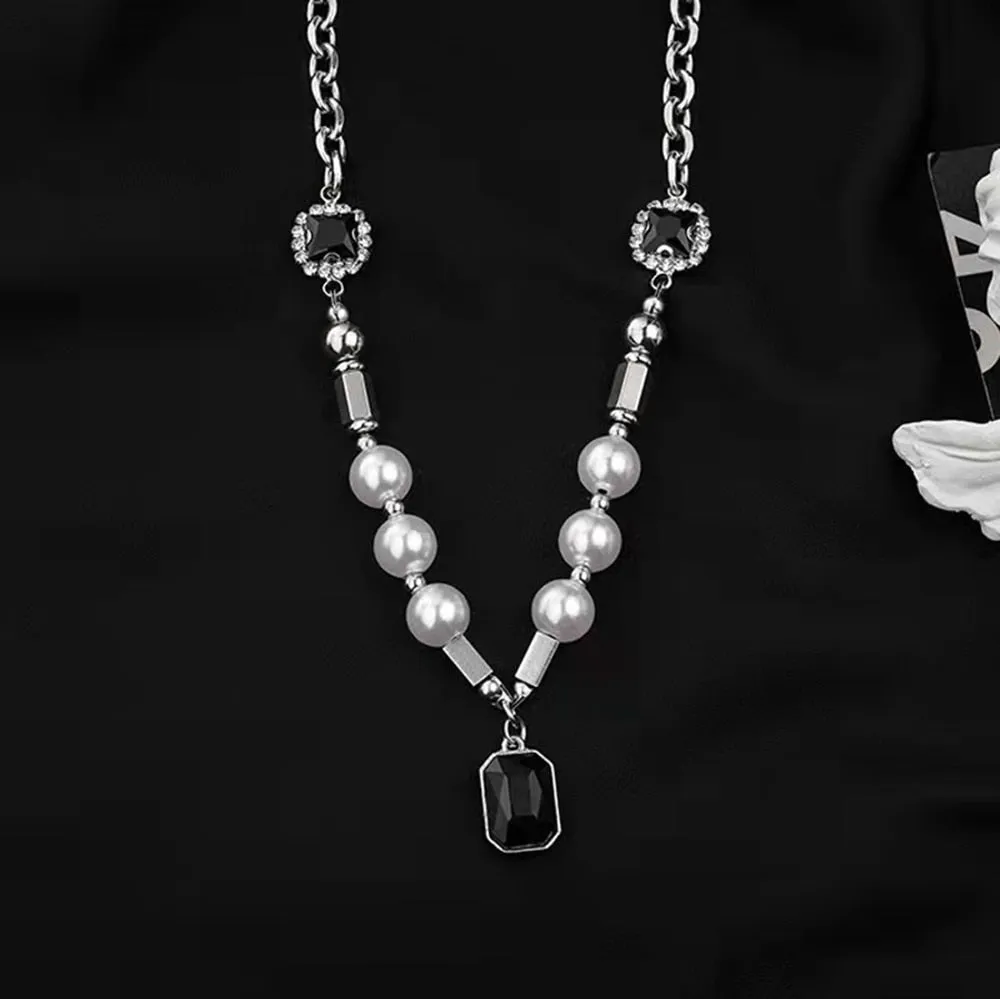 Punk Hip-hop Black Rhinestones Pendant Pearl Necklace Man Stainless Steel Jewelry 2022 Trend Choker Neck Chain Mens Jewellery