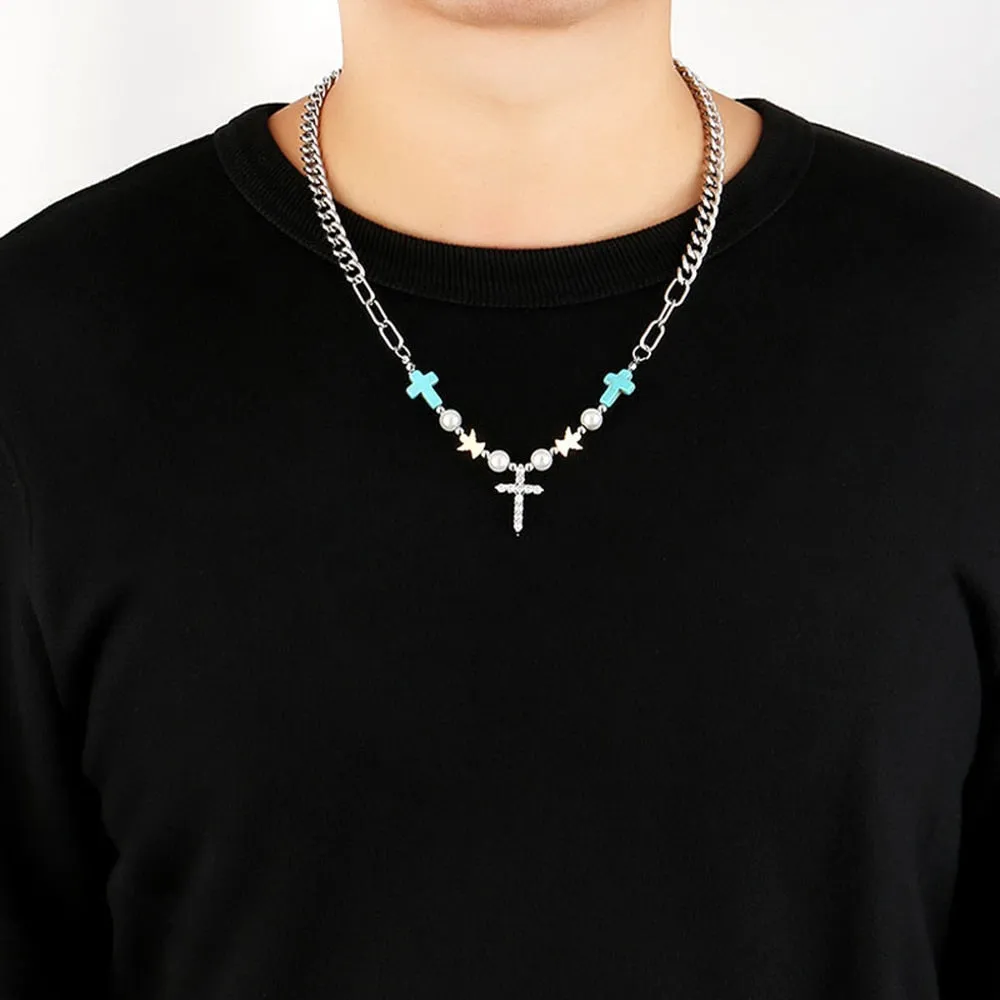 Punk Hip-hop Black Rhinestones Pendant Pearl Necklace Man Stainless Steel Jewelry 2022 Trend Choker Neck Chain Mens Jewellery