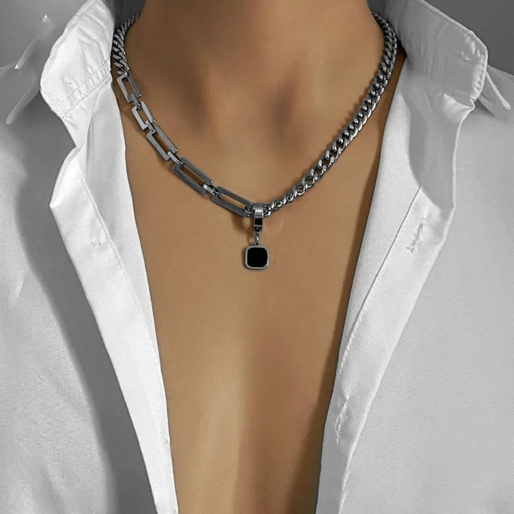Punk Hip-hop Black Rhinestones Pendant Pearl Necklace Man Stainless Steel Jewelry 2022 Trend Choker Neck Chain Mens Jewellery