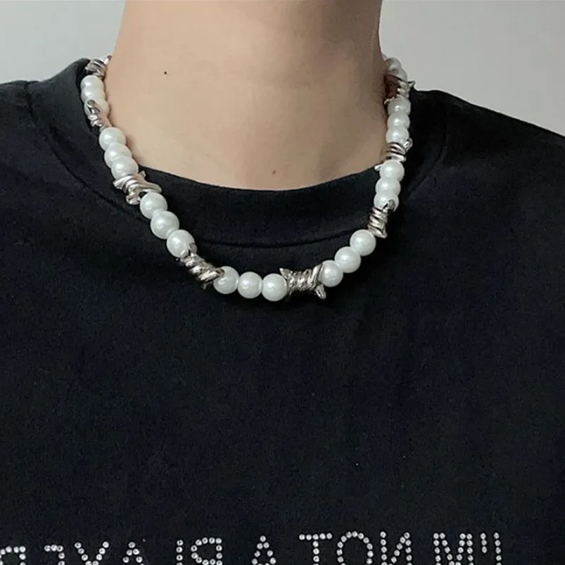 Punk Hip-hop Black Rhinestones Pendant Pearl Necklace Man Stainless Steel Jewelry 2022 Trend Choker Neck Chain Mens Jewellery