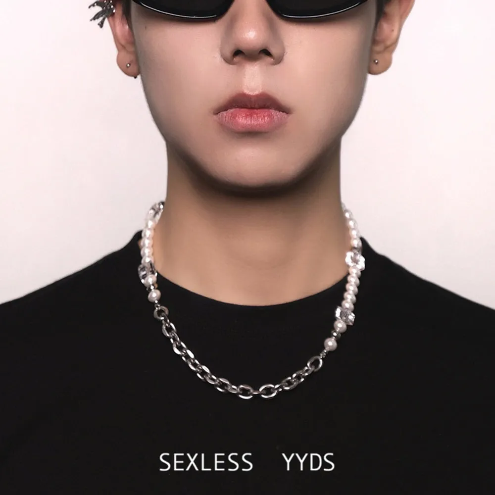 Punk Hip-hop Black Rhinestones Pendant Pearl Necklace Man Stainless Steel Jewelry 2022 Trend Choker Neck Chain Mens Jewellery