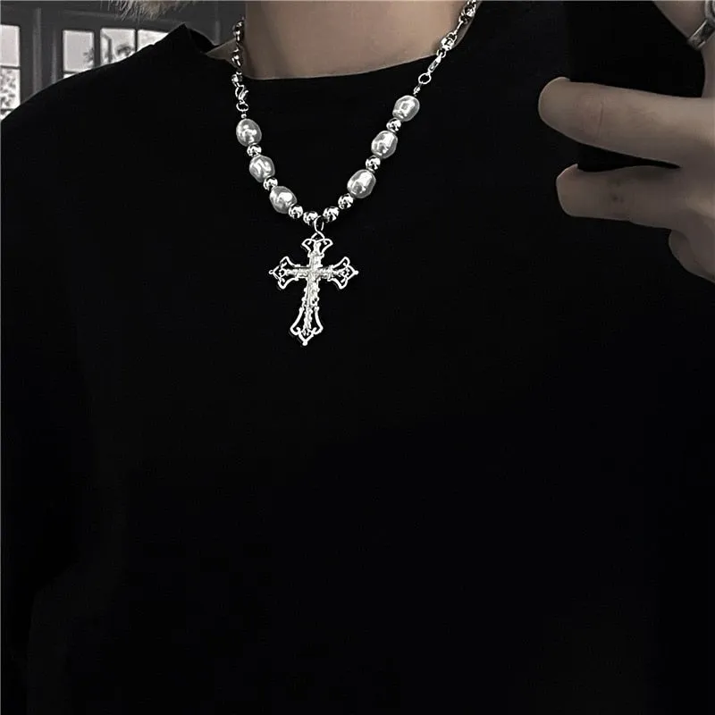 Punk Hip-hop Black Rhinestones Pendant Pearl Necklace Man Stainless Steel Jewelry 2022 Trend Choker Neck Chain Mens Jewellery