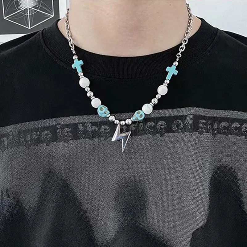 Punk Hip-hop Black Rhinestones Pendant Pearl Necklace Man Stainless Steel Jewelry 2022 Trend Choker Neck Chain Mens Jewellery