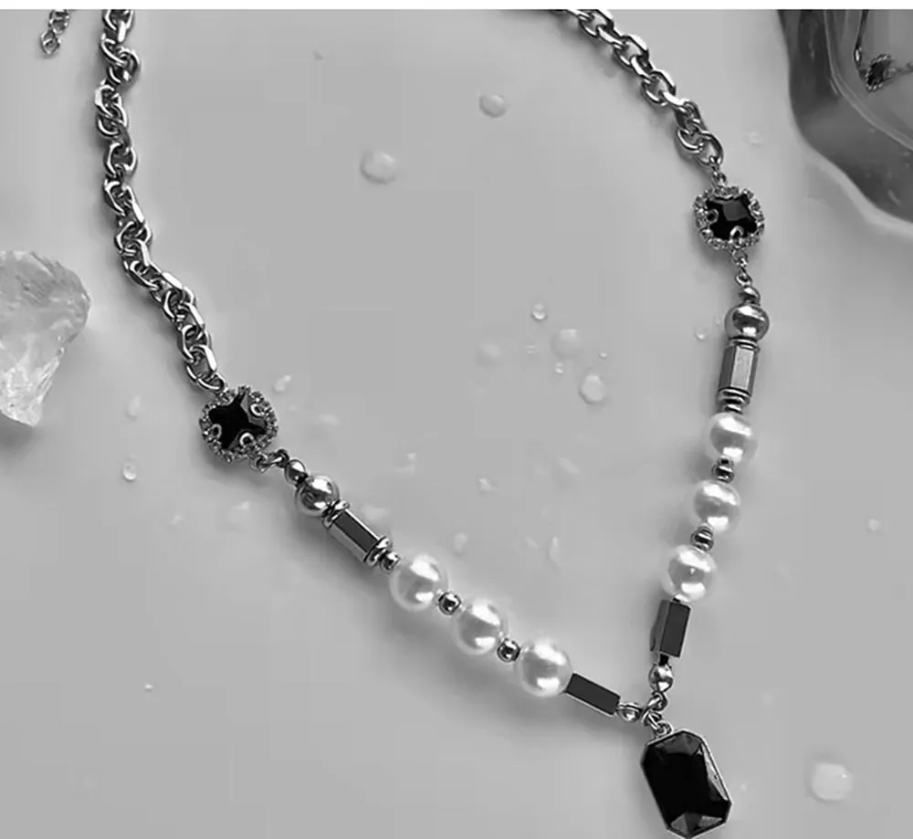 Punk Hip-hop Black Rhinestones Pendant Pearl Necklace Man Stainless Steel Jewelry 2022 Trend Choker Neck Chain Mens Jewellery