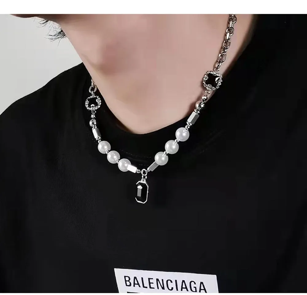 Punk Hip-hop Black Rhinestones Pendant Pearl Necklace Man Stainless Steel Jewelry 2022 Trend Choker Neck Chain Mens Jewellery