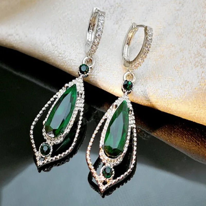 Purple Green Zircon Earrings Long Teardrop For Women  Wedding Jewelry