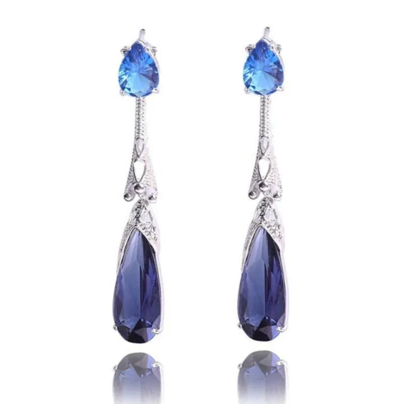 Purple Green Zircon Earrings Long Teardrop For Women  Wedding Jewelry