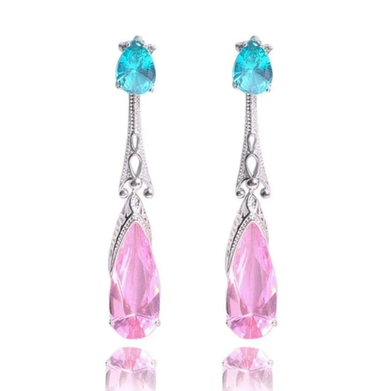 Purple Green Zircon Earrings Long Teardrop For Women  Wedding Jewelry