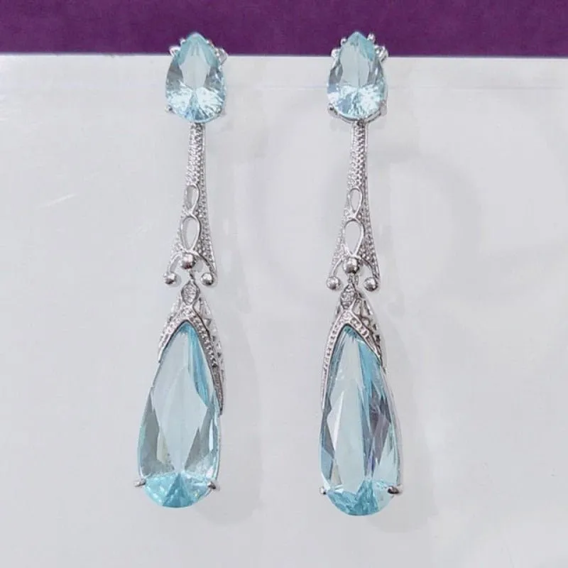 Purple Green Zircon Earrings Long Teardrop For Women  Wedding Jewelry