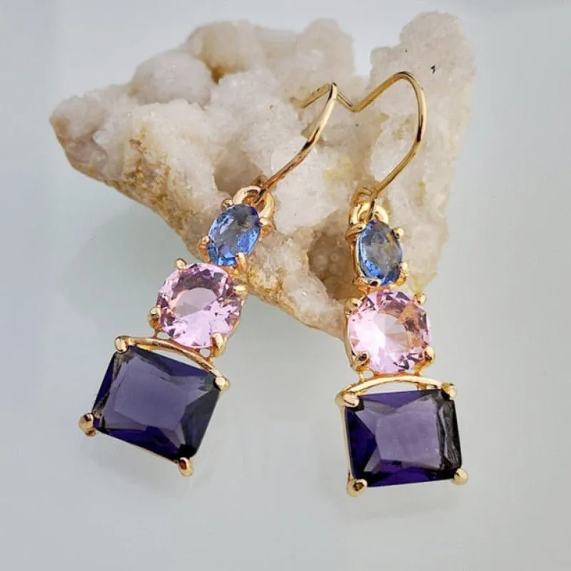 Purple Green Zircon Earrings Long Teardrop For Women  Wedding Jewelry