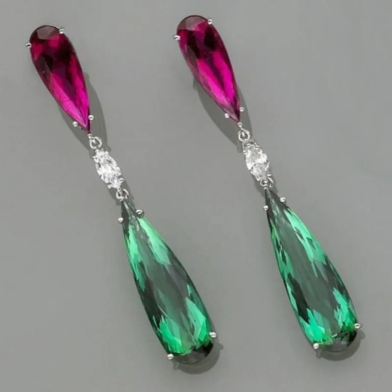 Purple Green Zircon Earrings Long Teardrop For Women  Wedding Jewelry