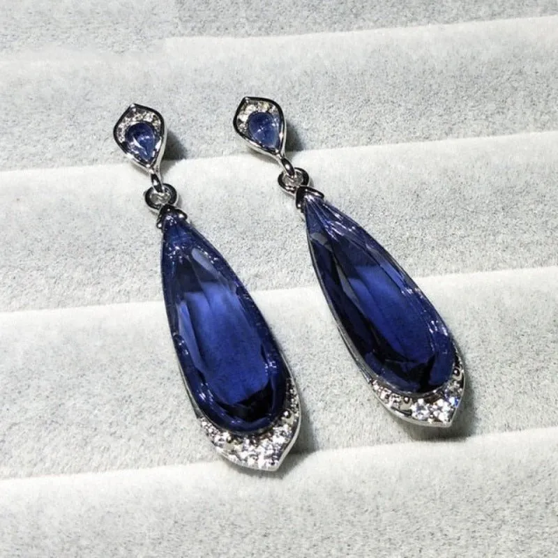 Purple Green Zircon Earrings Long Teardrop For Women  Wedding Jewelry