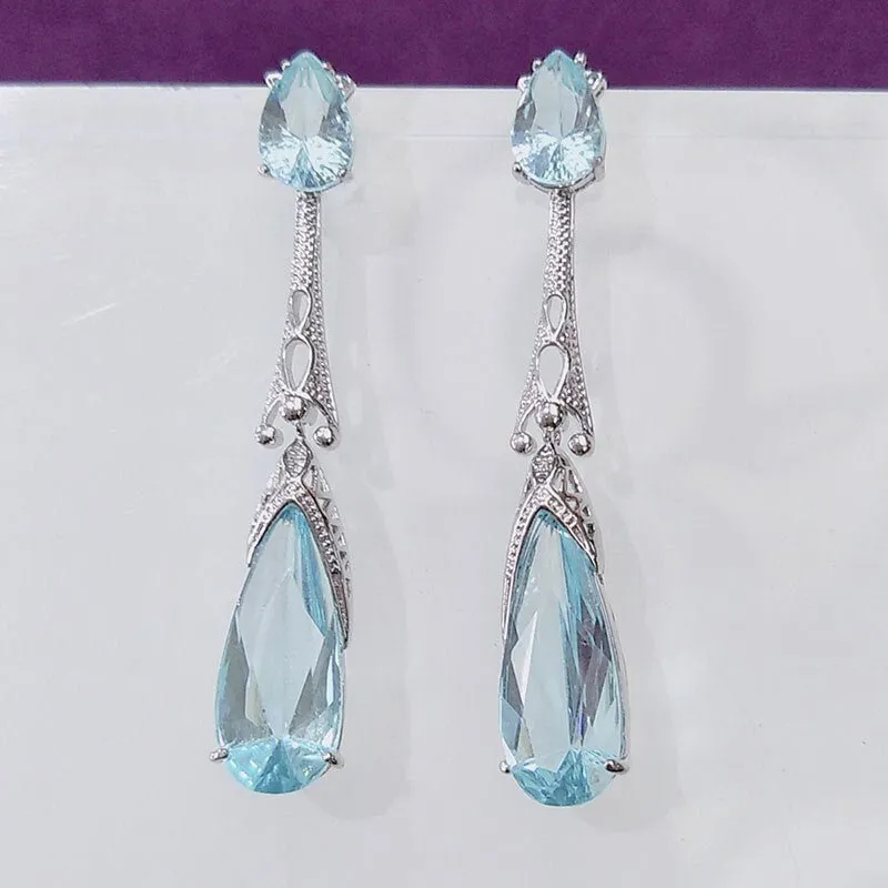 Purple Green Zircon Earrings Long Teardrop For Women  Wedding Jewelry