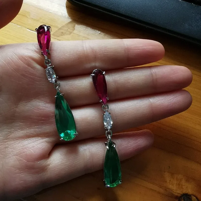Purple Green Zircon Earrings Long Teardrop For Women  Wedding Jewelry