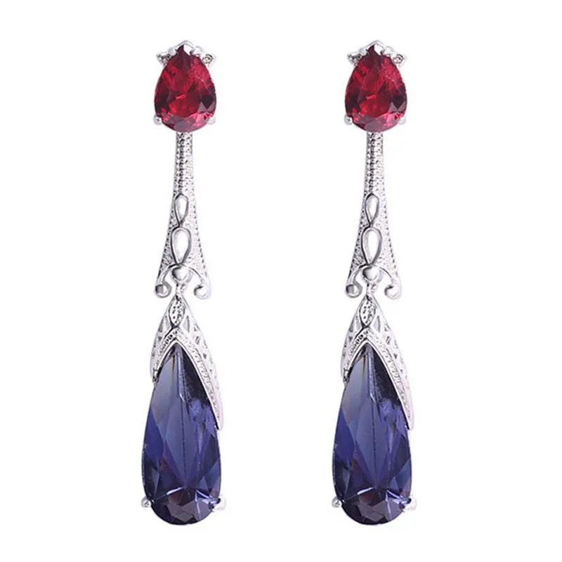 Purple Green Zircon Earrings Long Teardrop For Women  Wedding Jewelry