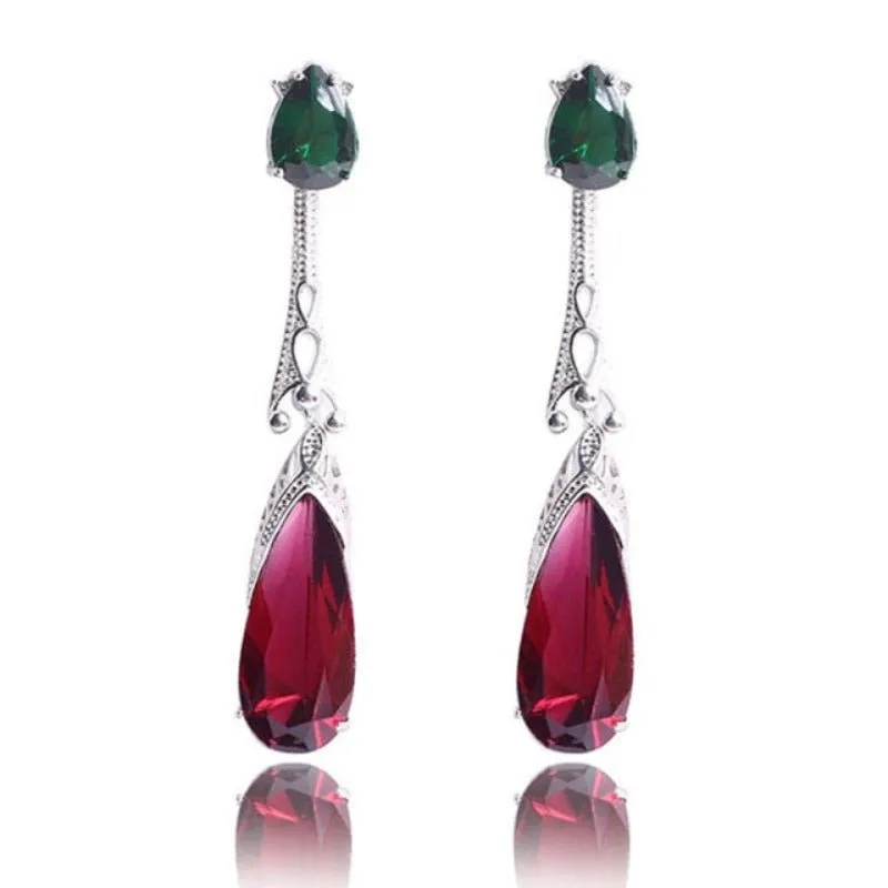 Purple Green Zircon Earrings Long Teardrop For Women  Wedding Jewelry
