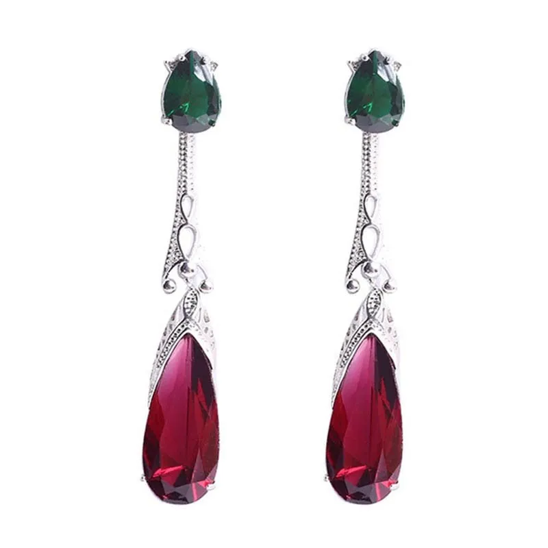Purple Green Zircon Earrings Long Teardrop For Women  Wedding Jewelry